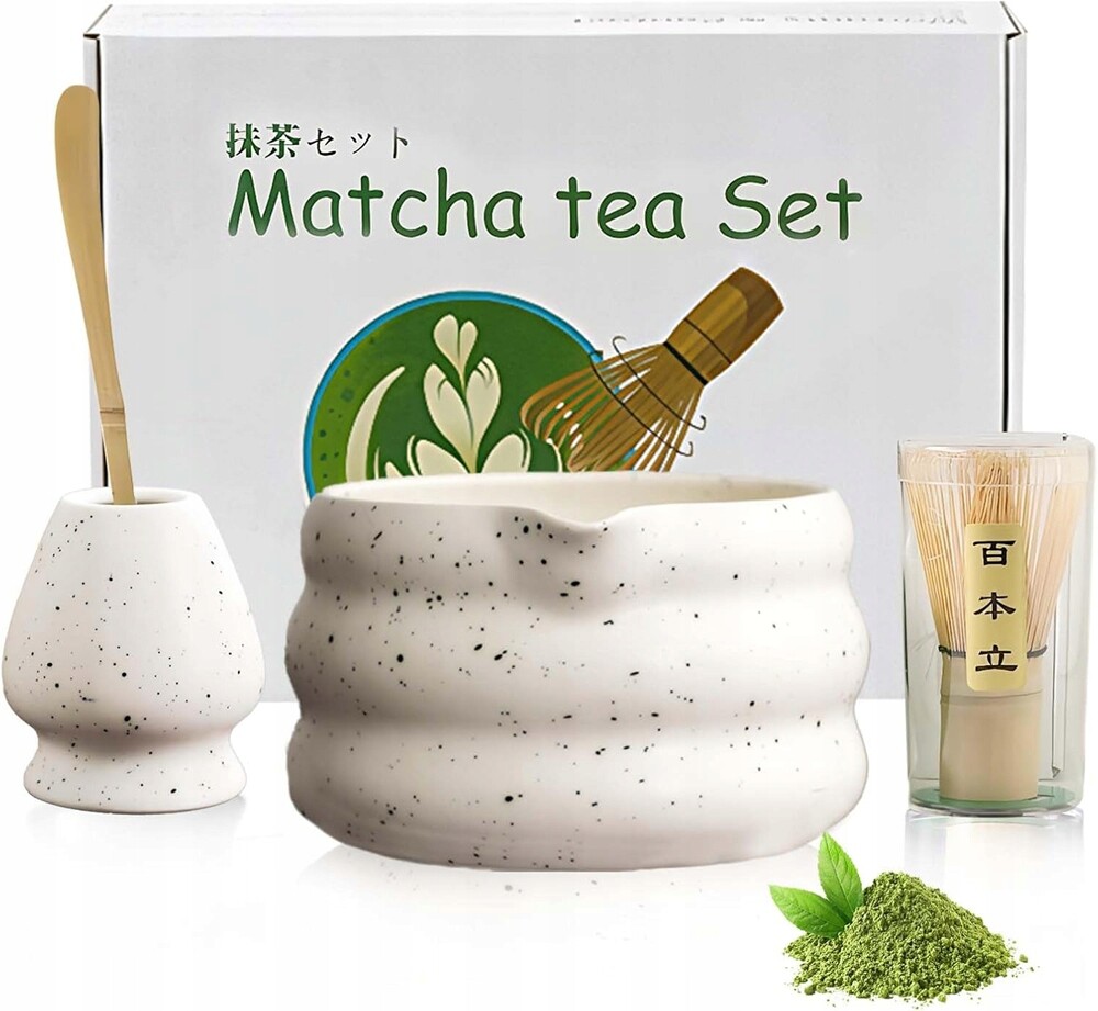 Japonská Čajová Sada Matcha Keramika Dřevo 5 Dílů Bílá S Tečkami