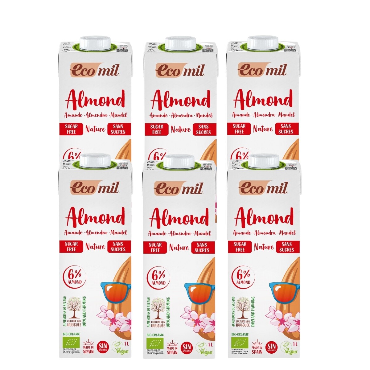 6× Mandlový nápoj bez cukru Bio 1L Ecomil