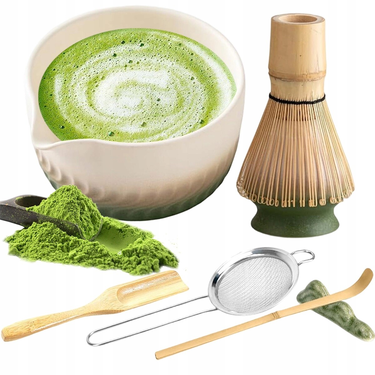 Sada pro matcha 7 prvků bambus a keramika ideální dárek zelená