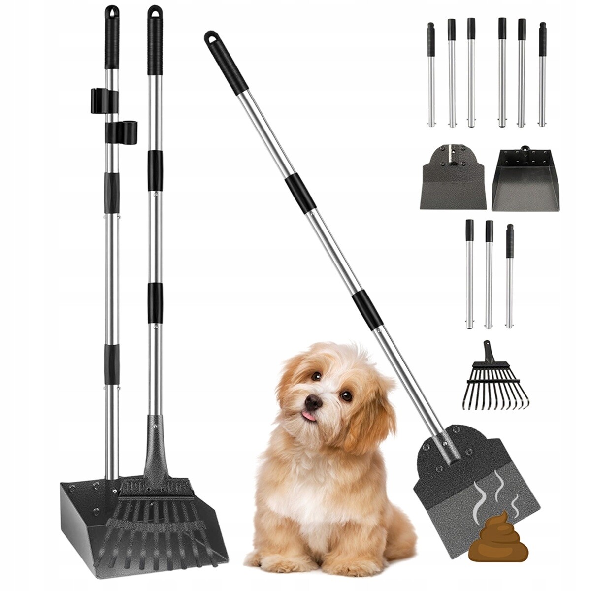 Hrábě, lopatka a podnos z Nerezová ocel stříbrno-černé pro listí a výkaly