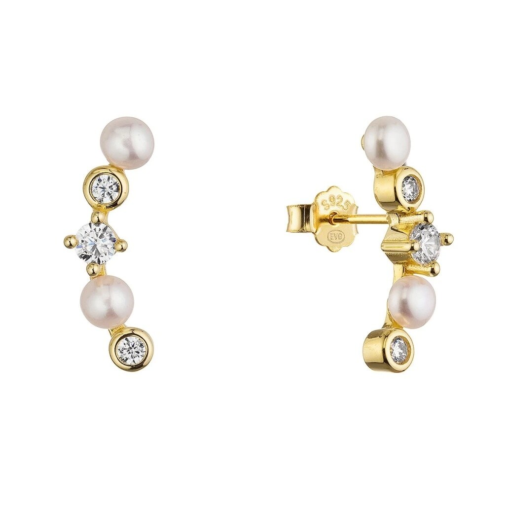Evolution Group - Pavona Podélné pozlacené náušnice s perlami a zirkony 21124.1