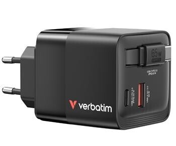 VERBATIM GaN nabíječka s kabelem 65W - 2x USB-C PD 65W / 1x USB-A QC 3.0