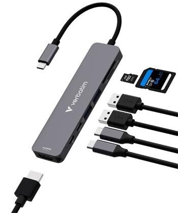 VERBATIM USB-C™ ESSENTIALS MULTIPORT HUB 7 PORT - 2x USB-A 3.2 GEN 1 / HDMI / USB-C PD /  USB-C 3.2 Gen 1 / SD / microSD