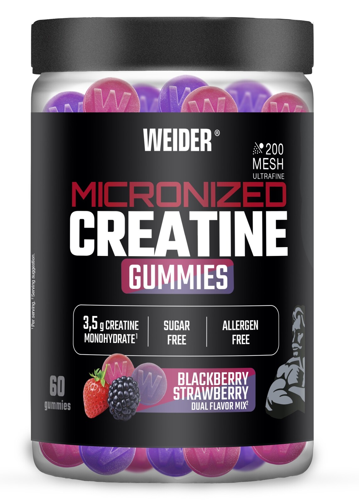 Weider Micronized Creatine Gummies 60 cps, želatinové bonbóny s mikronizovaným kreatinem Mesh 200, Ostružina - Jahoda