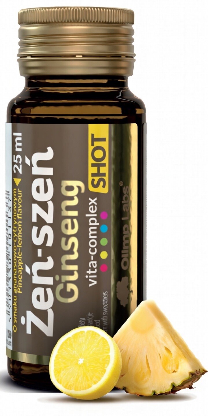 Olimp Ginseng Shot 25 ml, tekuté formy extraktu ženšenu korejského a amerického s vitamíny, Ananas - Citrón