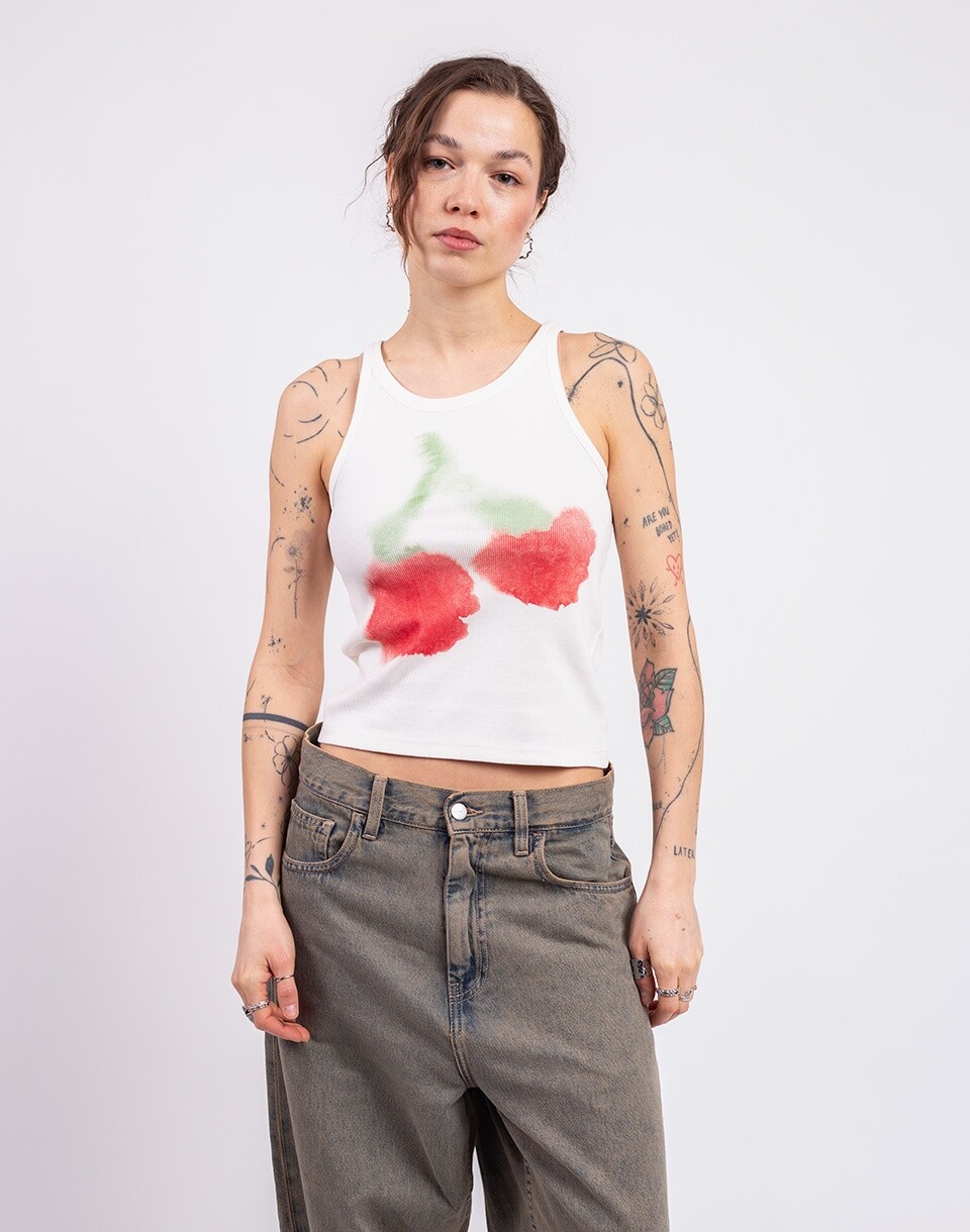 Thinking MU Blurry Cherry Harriet Top WHITE XS