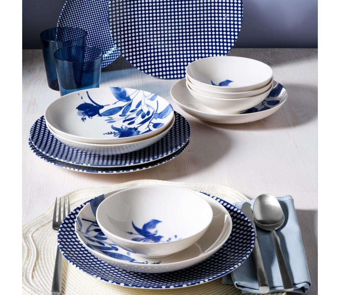Jídelní sada 14 ks bílá/modrá/porcelán 387GRP1387