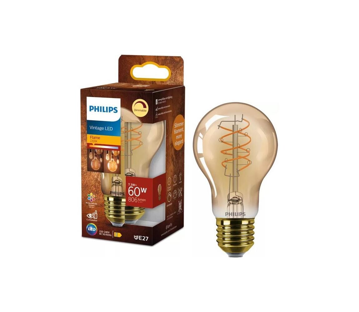 LED Stmívatelná žárovka VINTAGE Philips A60 E27/7,3W/230V 2200K 872110304909400