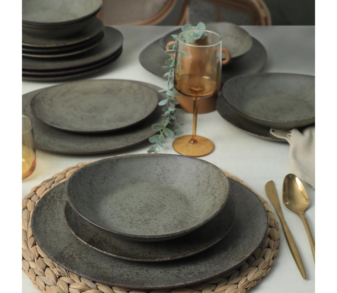 Jídelní sada 18 ks antracit/zelená/kamenina 275KRM2491