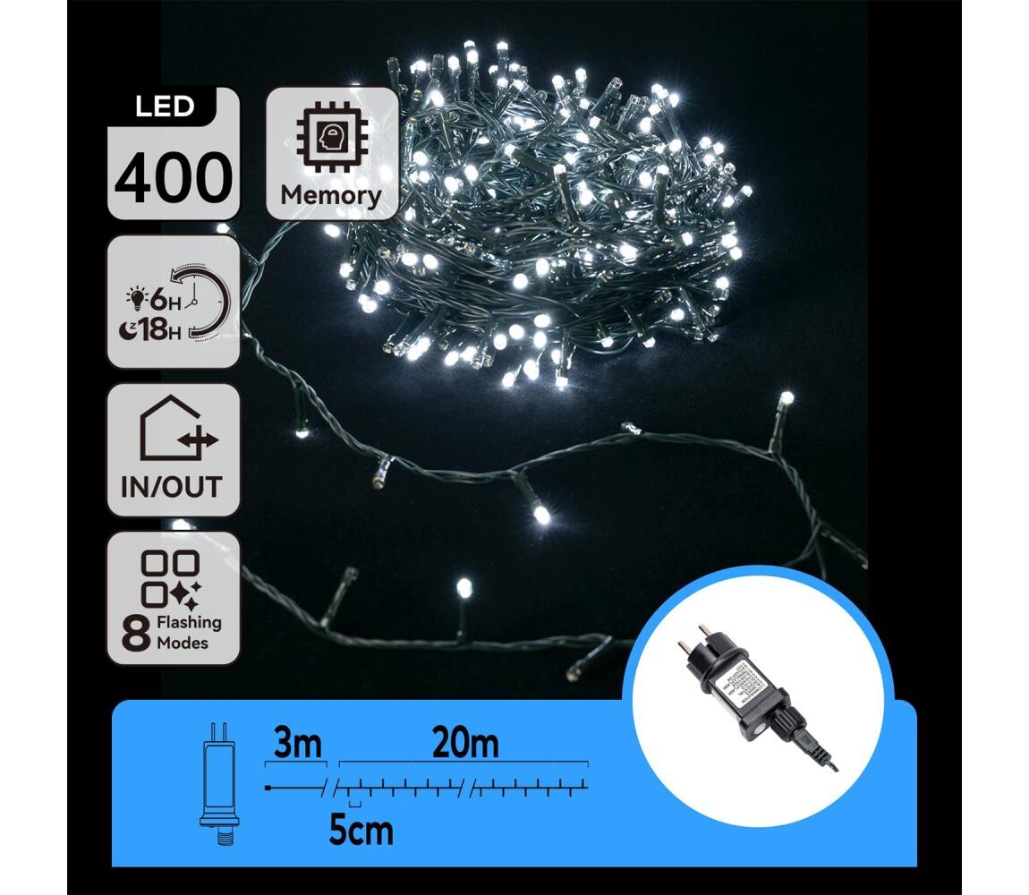 B.V.  - LED Venkovní vánoční řetěz 400xLED/8 funkcí 23m IP44 studená bílá B103031OR