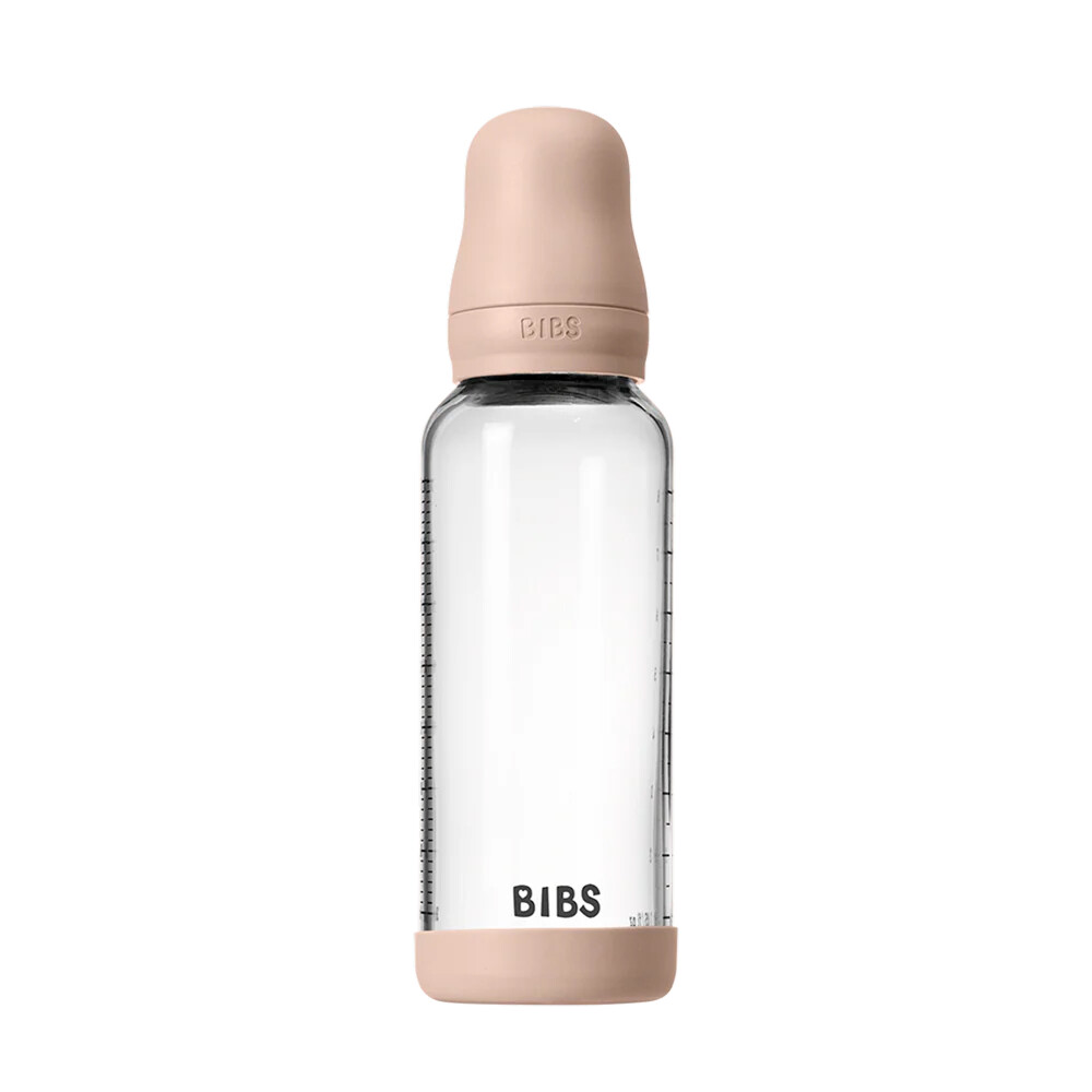 BIBS Láhev skleněná antikoliková 240ml, kaučuková savička, blush