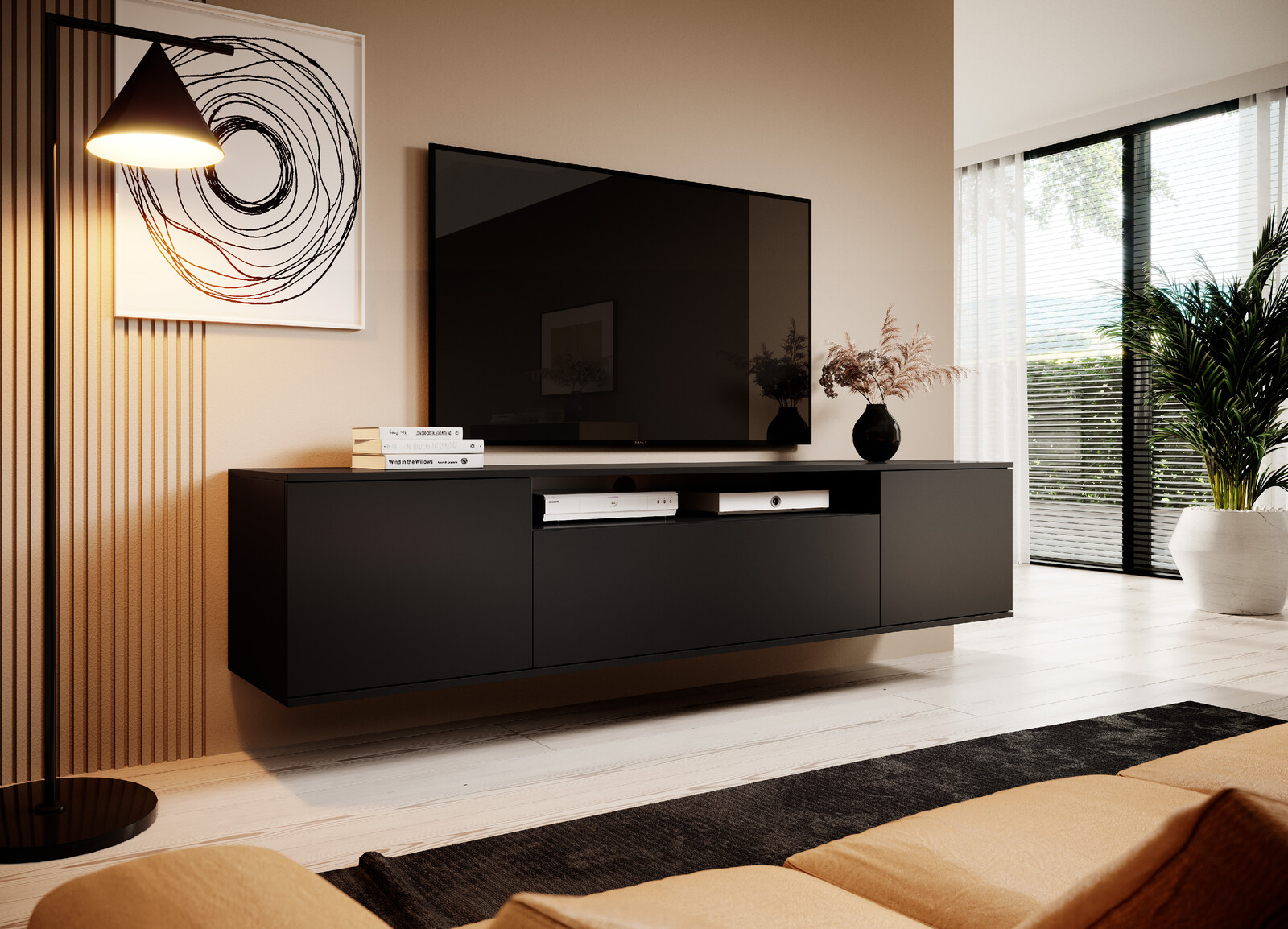 Eka Závěsný stolek pod televizi EMI 200 cm - Černý mat - 2.jakost