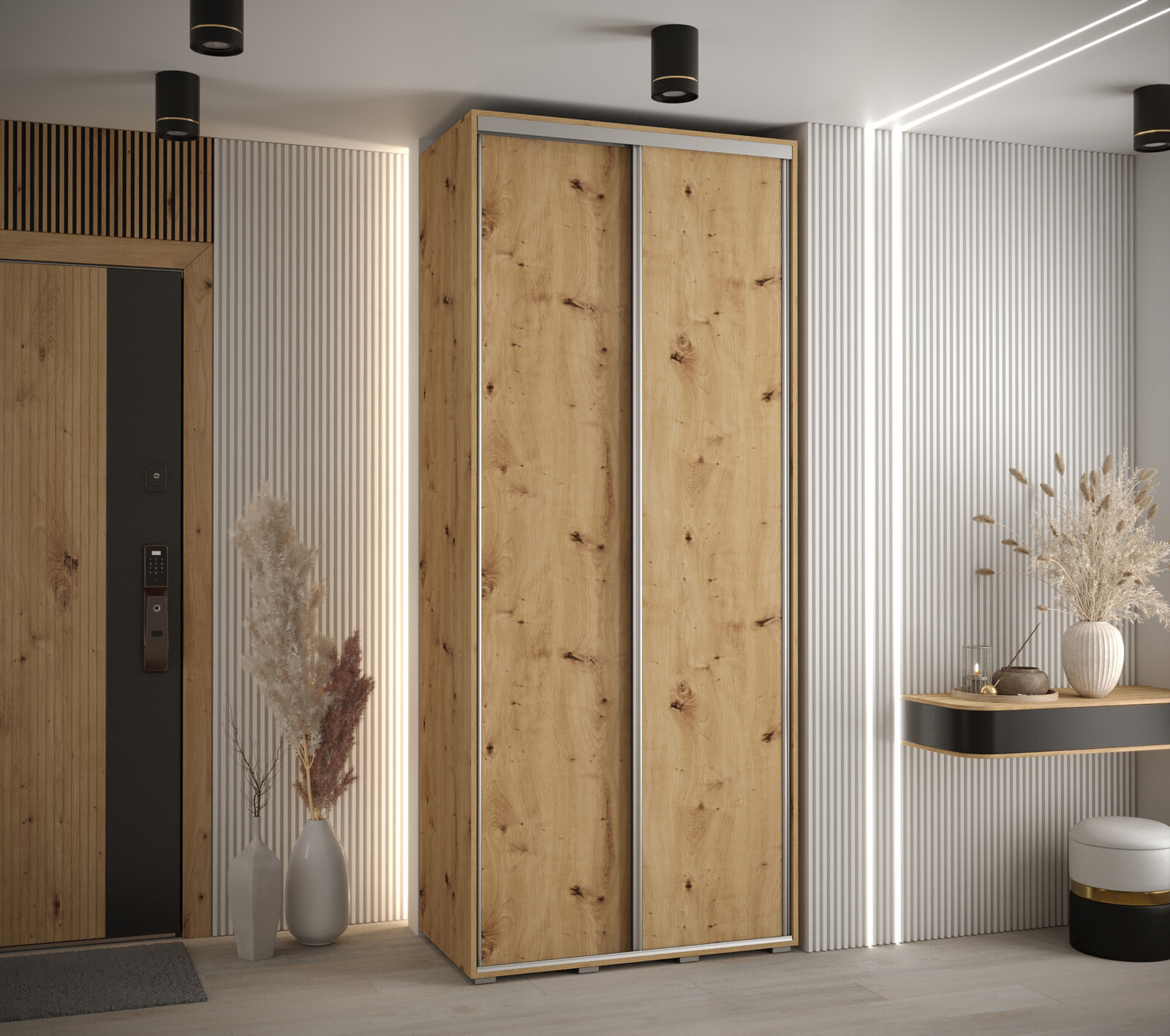 Šatní skříň Cannes 1 - hloubka 45 cm - šířka 100 cm - Dub artisan/Dub artisan/Stříbrná