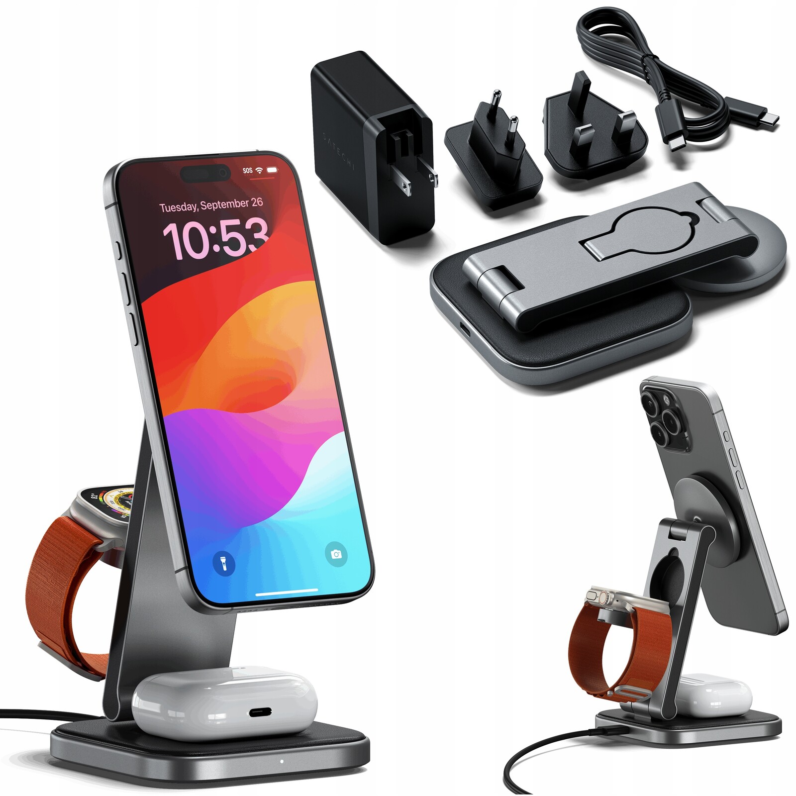 Satechi 3v1 Foldable Stand – Bezdrátová nabíječka 15W Qi2 s MagSafe