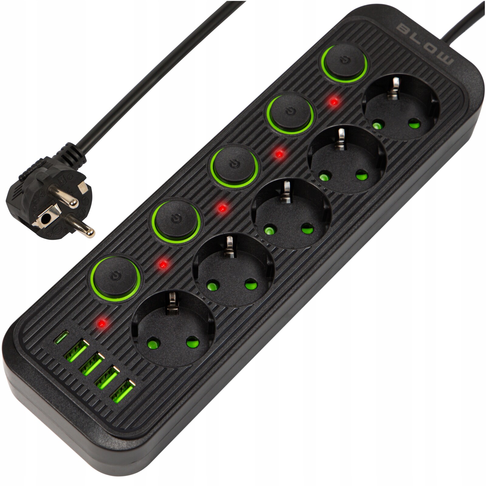 Prodlužovací Zásuvková Lišta Nabíječka 4x Usb 5 Zásuvek 5 m Usb Typ-c Černá