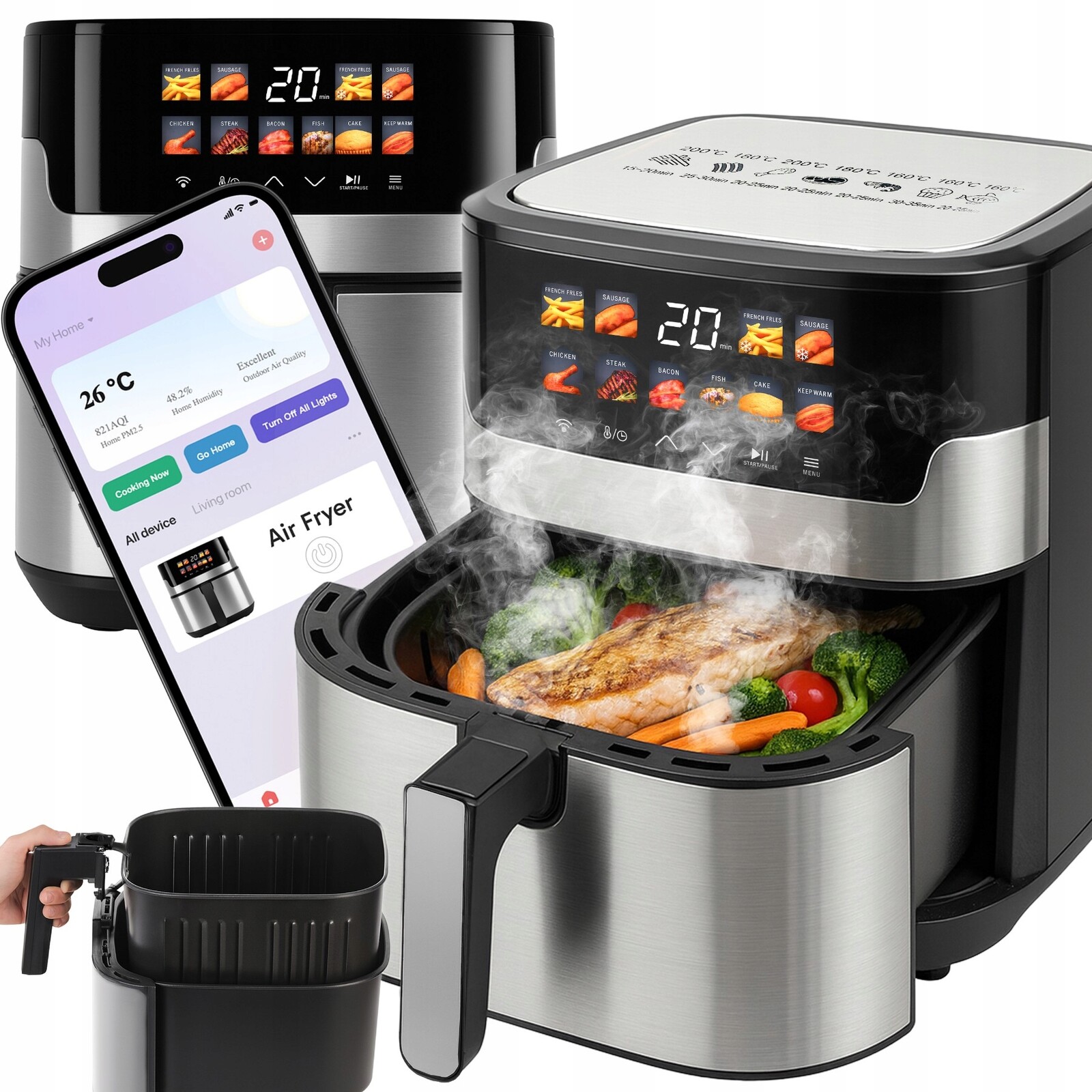 Beztuková Fritéza Airfryer Fritéza 2200 W Wifi Aplikace Tuya