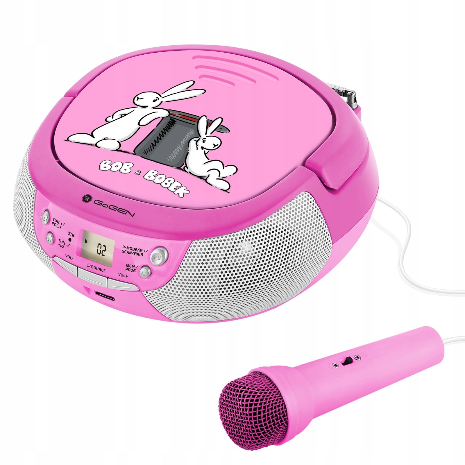 Boombox Karaoke Bluetooth Reproduktor Usb MP3 Mikrofon CD Přehrávač Rádio Růžový