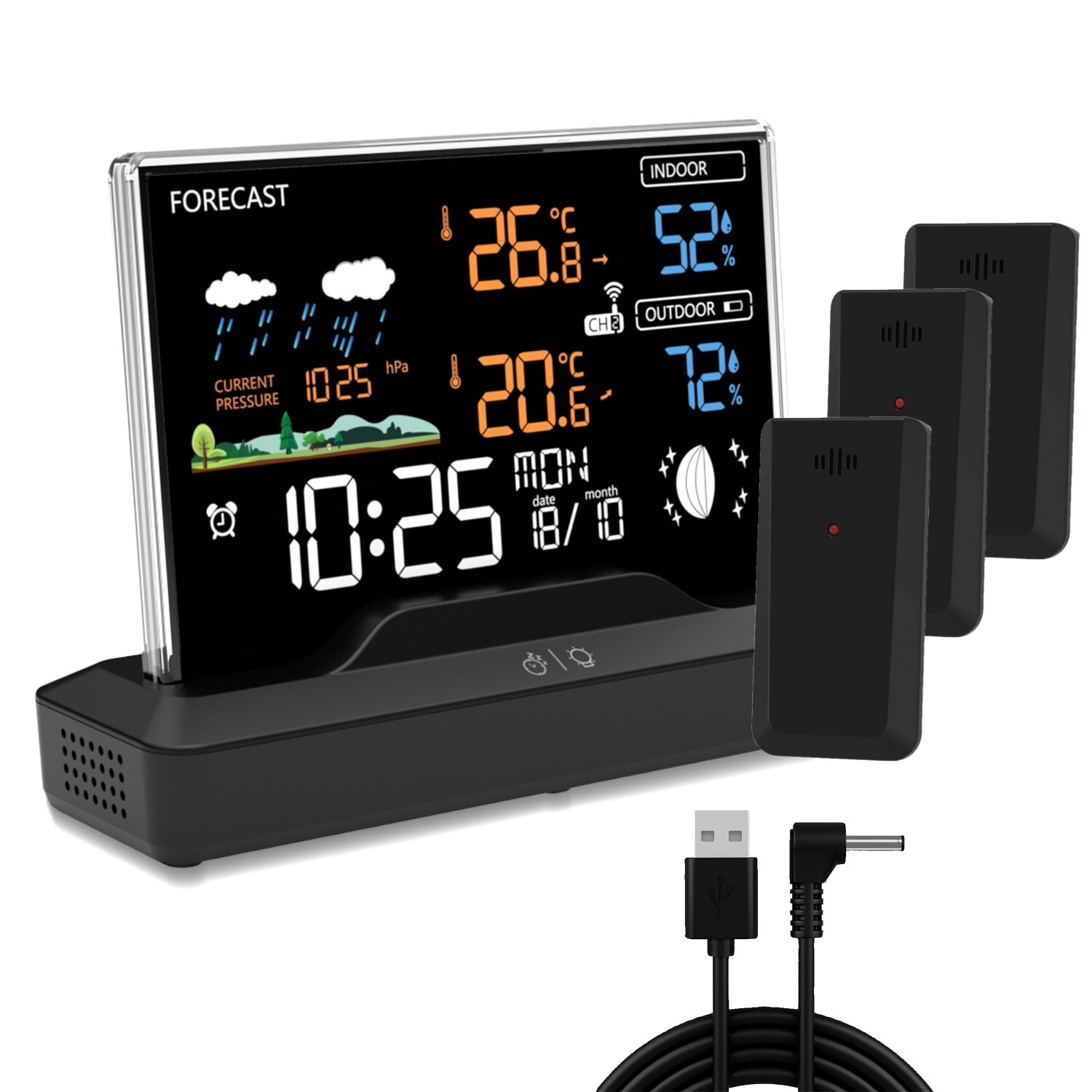 Bezdrátová Meteorologická Stanice Barometr Hodiny Budík 3*Snímač Usb portu