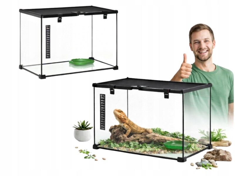 Skleněné Terárium Pro Plazy Pískový Teploměr Ventilace 50x30x35cm Obojživelníci