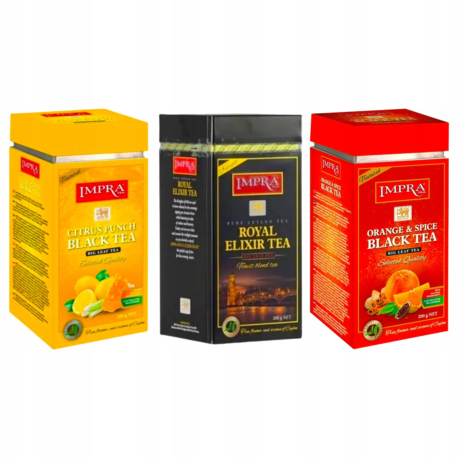 Sada 3 černých listových čajů Impra v plechovce, 3 různé příchutě, 600 g