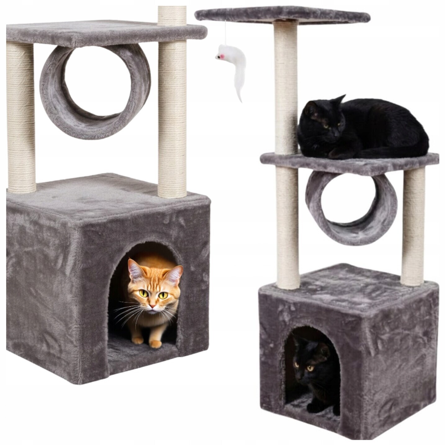 Škrabadlo pro kočky vysoký strom budka domeček pelíšek myš hračka šedá