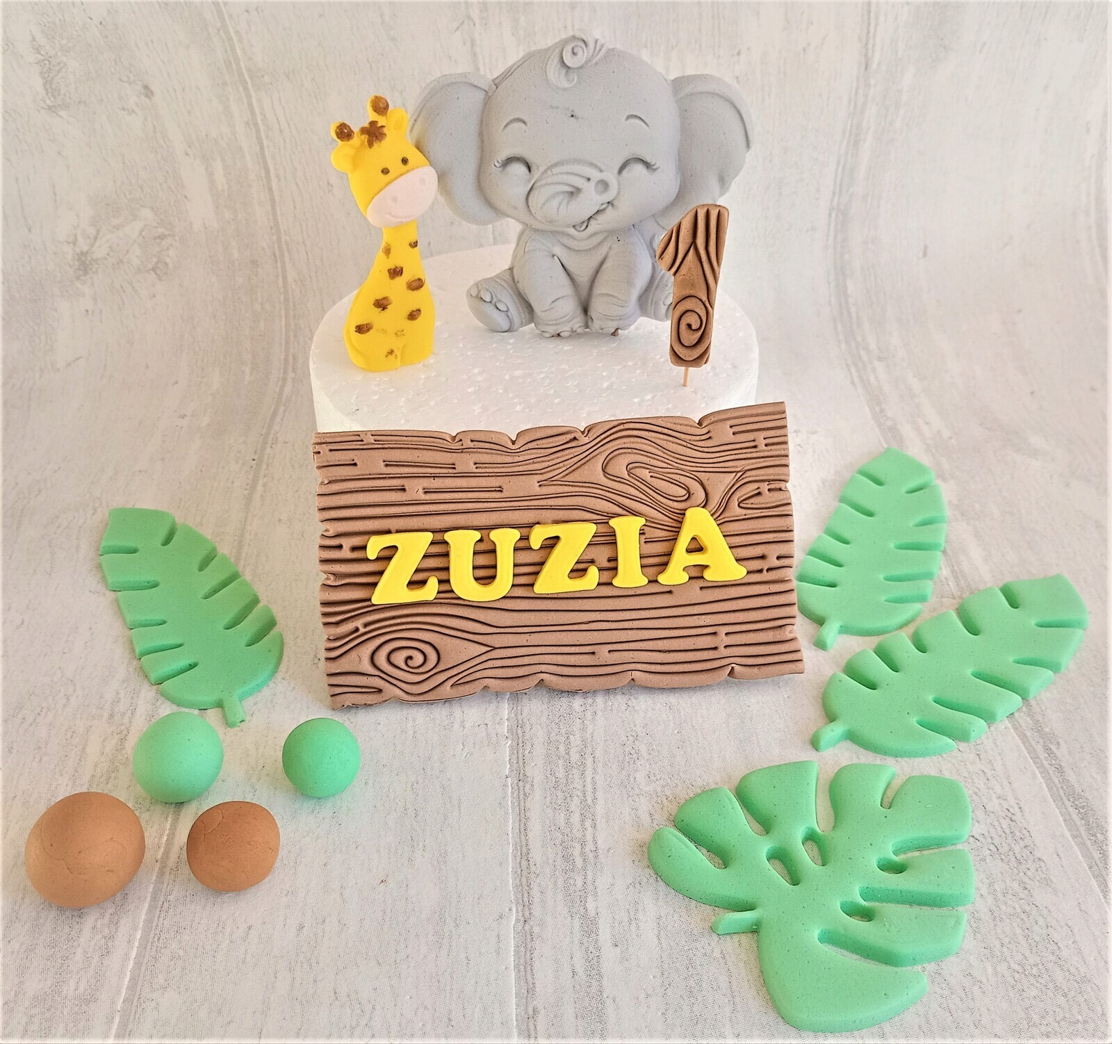 Safari Zoo žirafa a slon listy prkénko jméno číslice figurky z cukrové hmoty