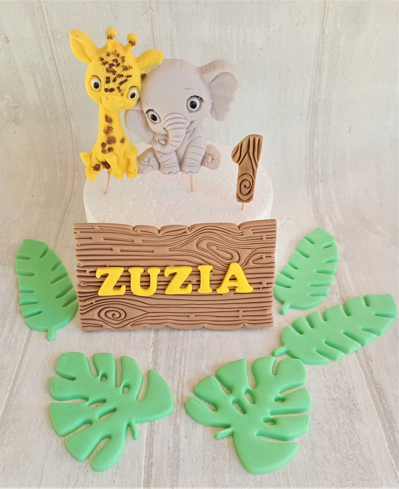 Safari žirafa a slon listy deska jméno číslice figurky z cukrové hmoty