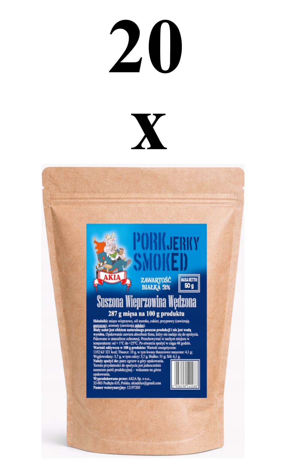 Jerky, Sušené vepřové uzené maso, Box 20 x 50 G 1000 G