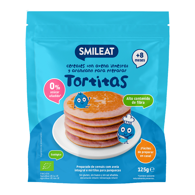 SMILEAT BIO bezlepková celozrnná směs na lívance s borůvkami s vitaminem B1 8M+ 125 g