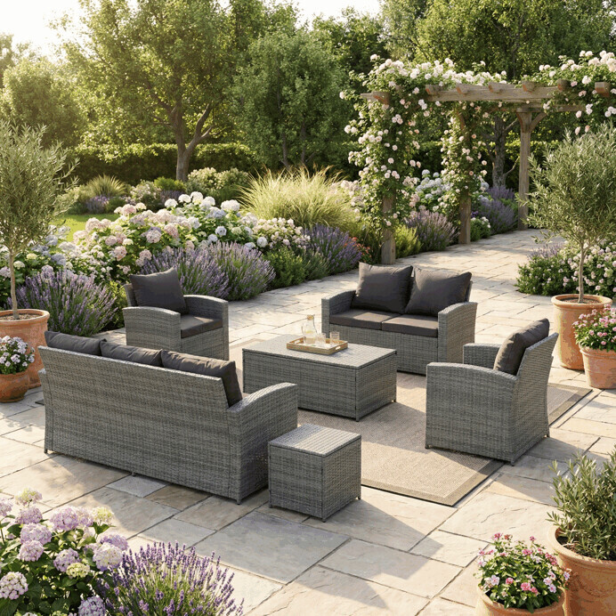 Zahradní sestava SHELTER – šedý polyratan, úložný stolek, Autronic