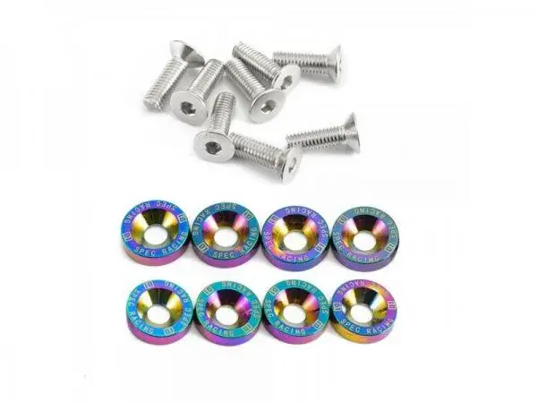 Set šroubů a podložek s logem D1 Spec - 8 kusů - M6x1.0 - barva neo chrome