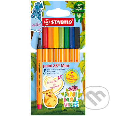 Jemný liner - STABILO point 88 Mini Animal Vibes - 8 ks sada - vrátane nálepky - STABILO