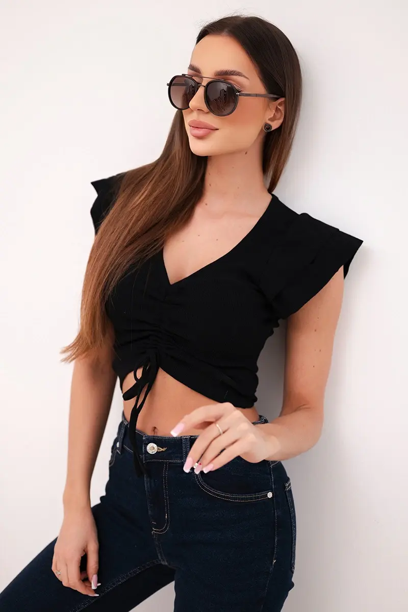 Dámský žebrovaný pruhovaný crop top s řasením