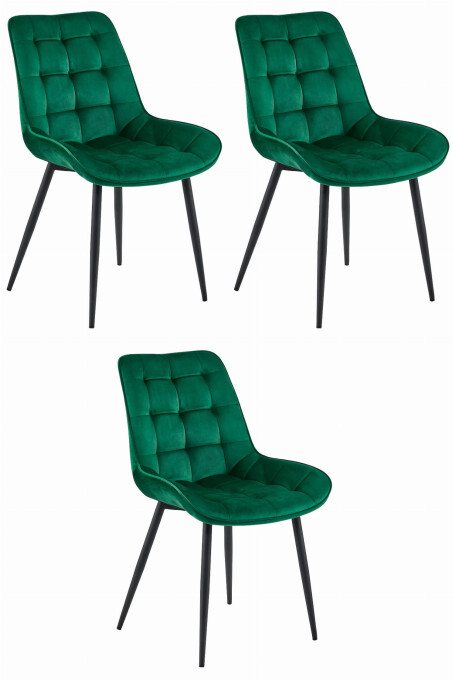 Set tří jídelních židlí BERA sametové tmavě zelené / černé nohy (3ks)
