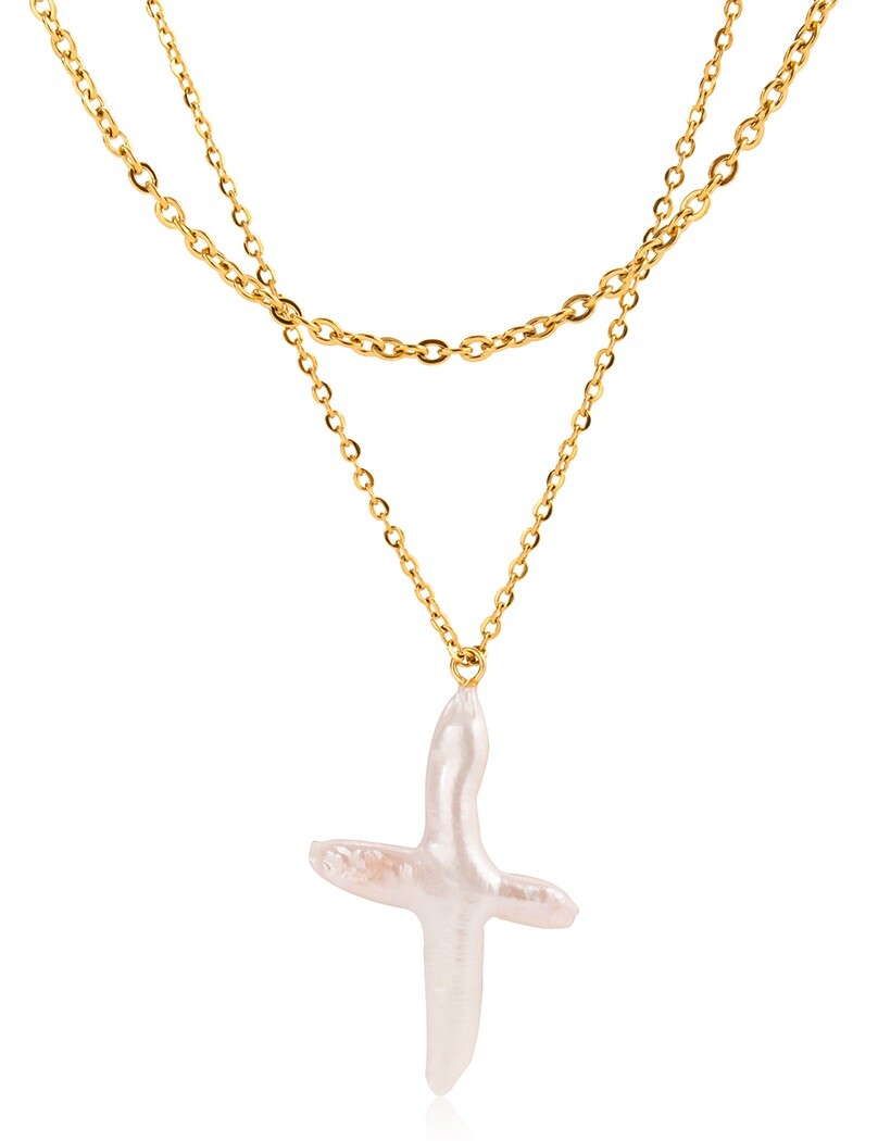 ELENYS Pearl Cross – pozlacený náhrdelník 18K žluté zlato Délka: 42-45+5 cm / max. 50 cm