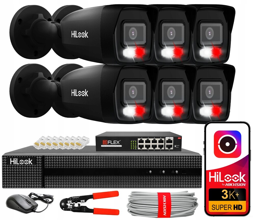 Sada monitorování Ip 6 venkovních kamer PoE 6MPx Smart Light HiLook