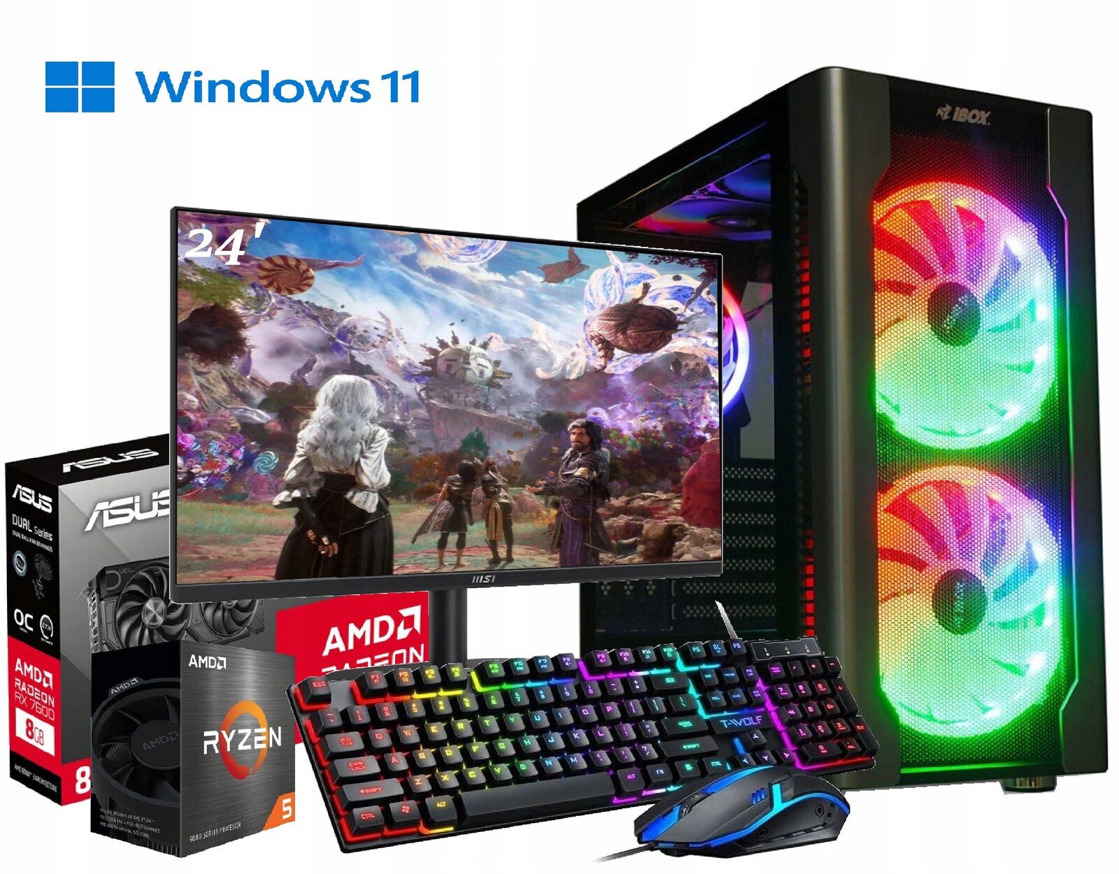 Herní sada Ryzen 5, Rx 7600 8GB, 16GB DDR4 480GB M2 WIN11 Monitor 24'