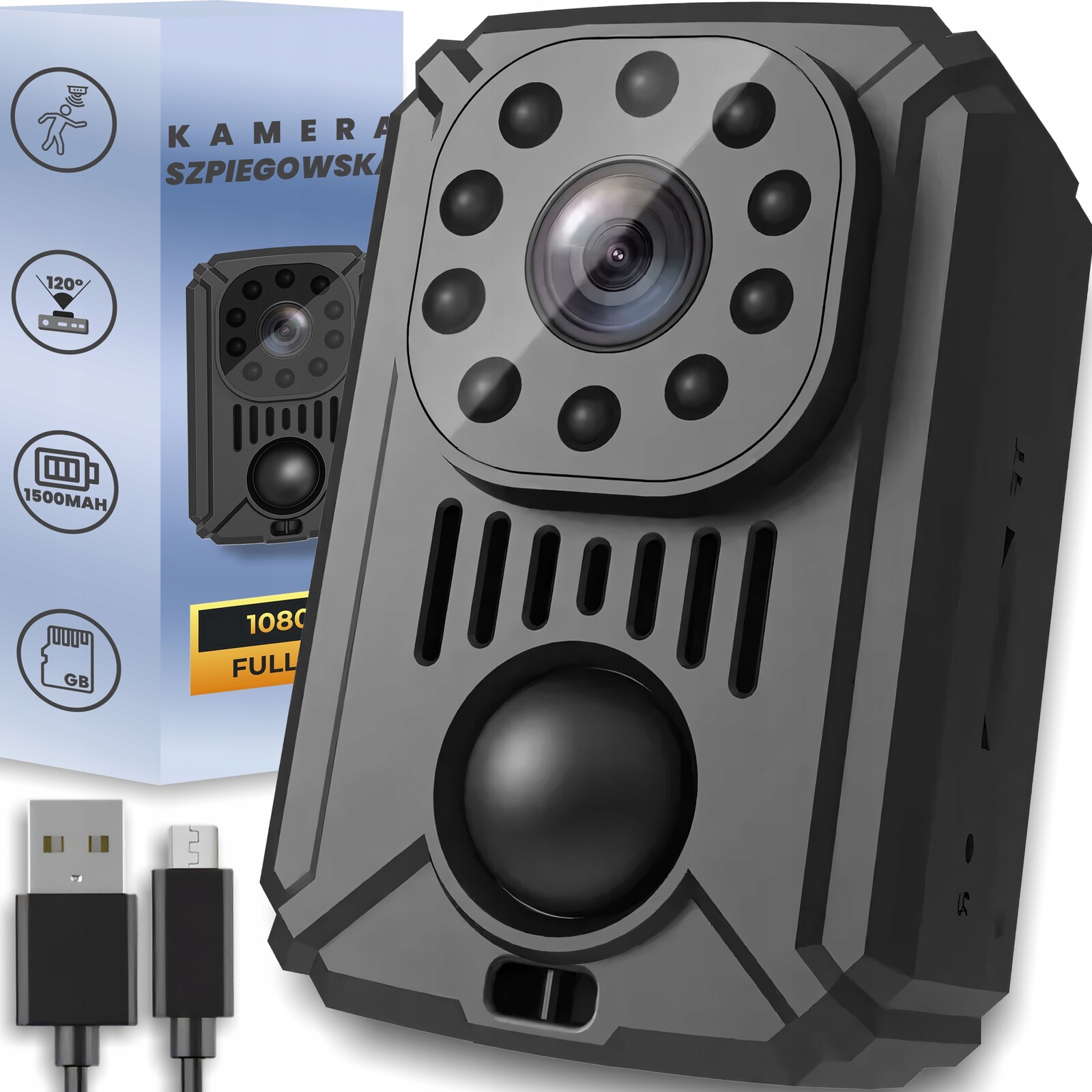 Špionážní Kamera Full Hd Detekce Pohybu Noční 1500 mAh Noční Režim M-jpeg