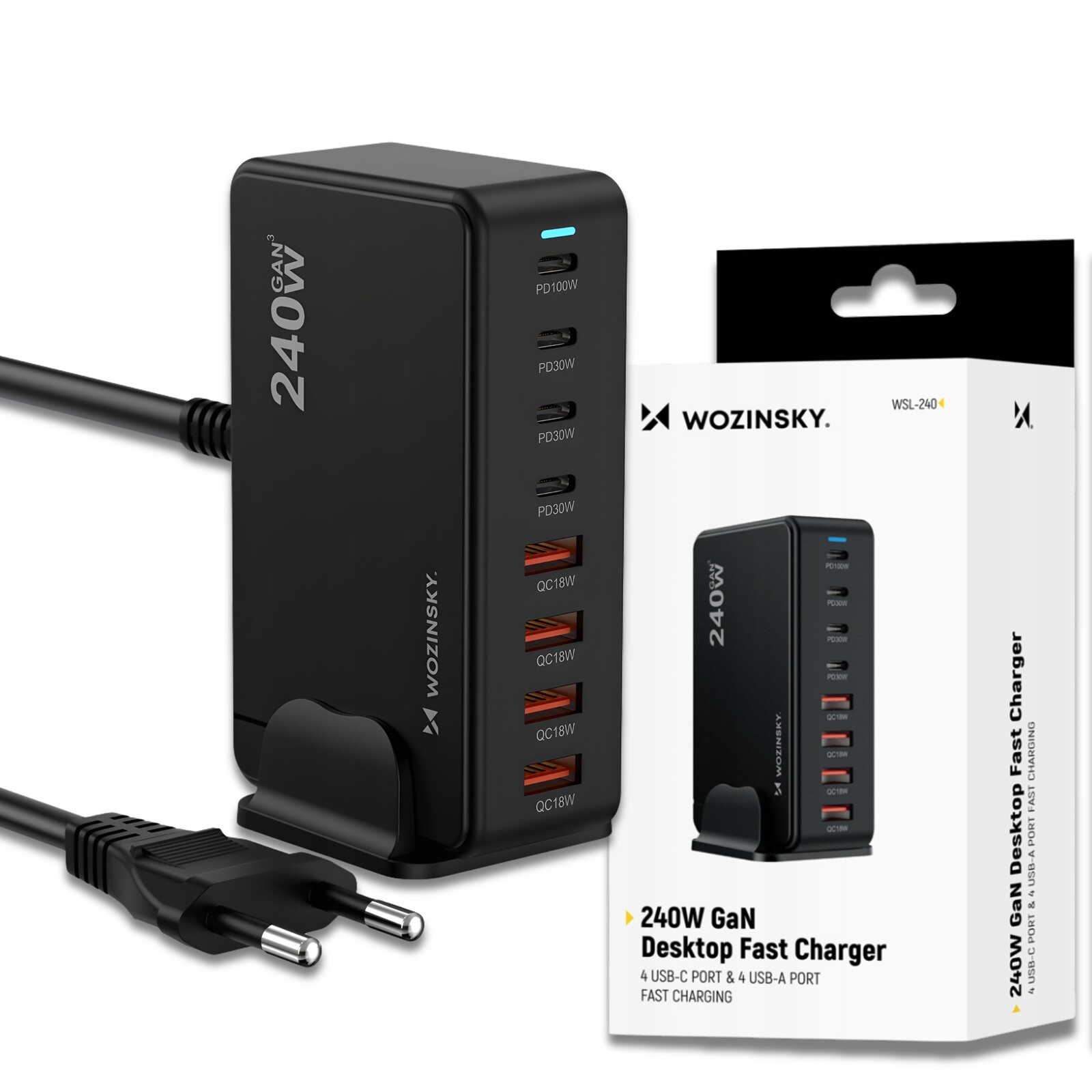 Nabíječka Nabíjecí Stanice Gan 240W 8 Portů Usb-c Pd Qc Pro Stolní Notebook