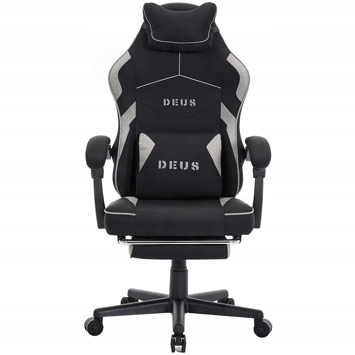 Herní židle Deus Edge z tkaniny s výsuvnou podnožkou, černá