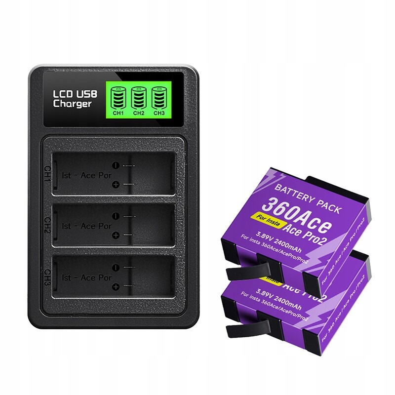 2x Akumulátor pro Insta360 Ace 3-zásuvková nabíječka LCD pro Insta 360 Ace
