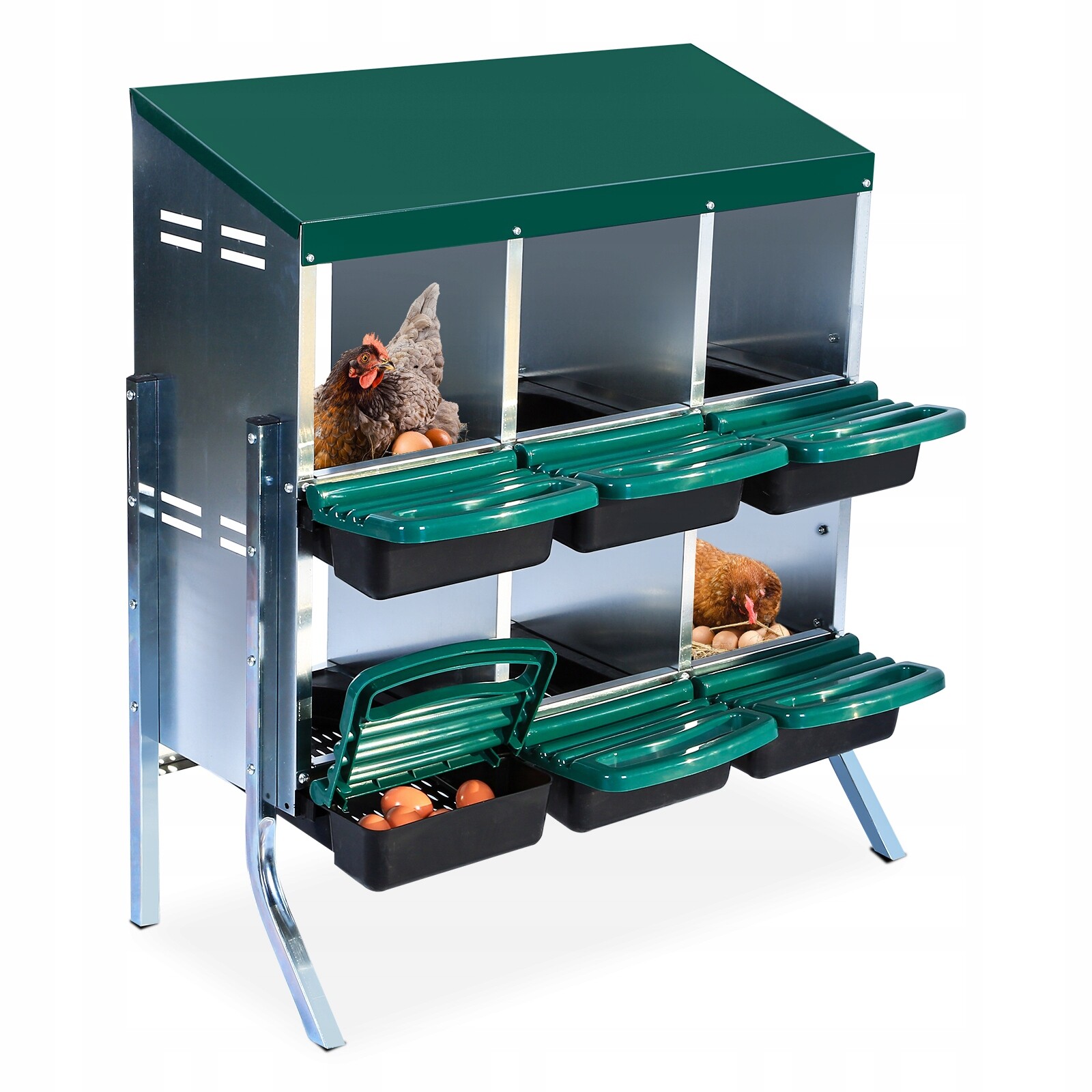 Šestikomorová hnízdní budka pro slepice, dvoupatrová, s kovovými nožičkami, zelená