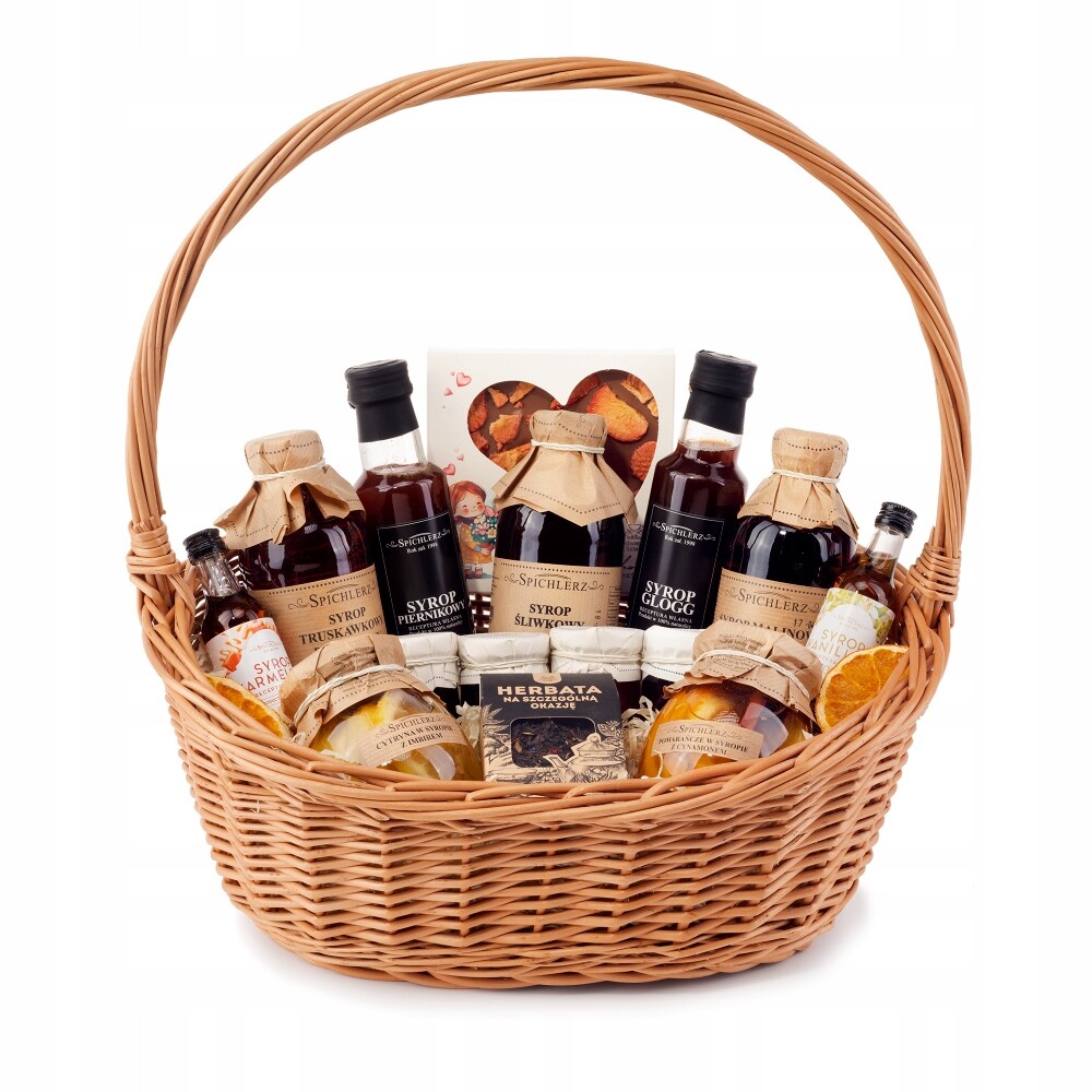 Proutěný koš Dárek sladkosti čaj sirupy k narozeninám výročí svatby