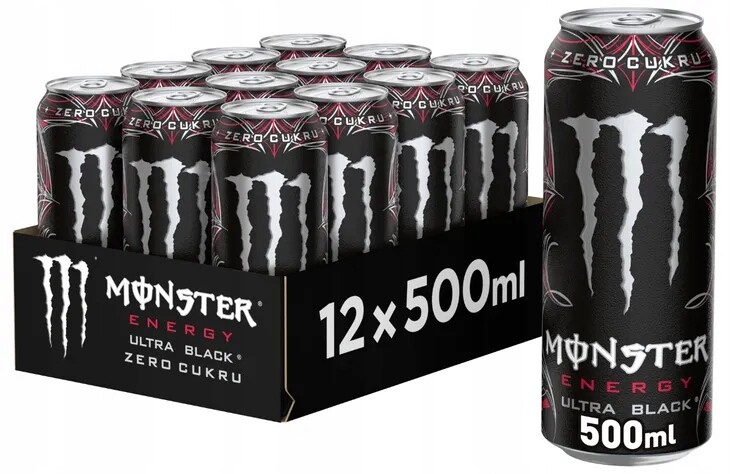 12X Nápoj Monster Ultra Black Zero Cukru Plechovka 500 ml Energertyk Drs Kauce