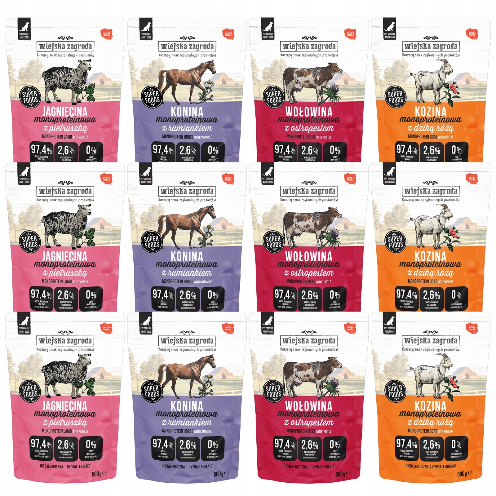 Wiejska Zagroda Monoproteinové vlhké krmivo pro psy mix chutí 12 x 500 g