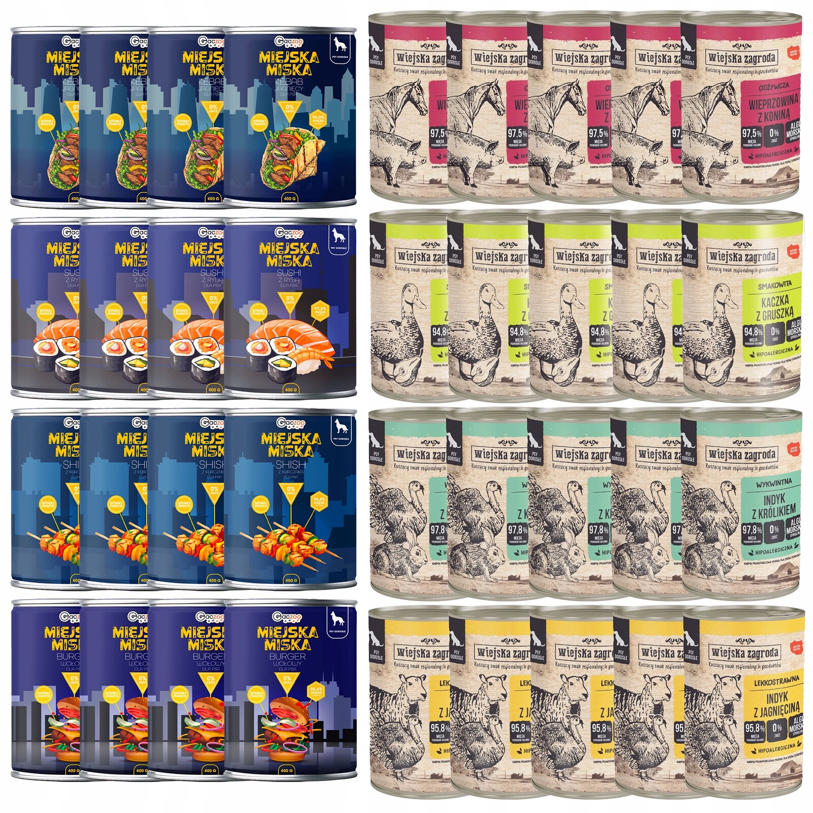 Wiejska Zagroda Městská miska Gaczoo Krmivo pro mokré psy mix chutí 24 x 400 g