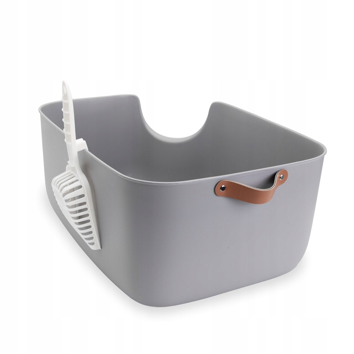 Toaleta pro kočky Corner otevřená velká s koženou rukojetí, lopatka s vysokými boky