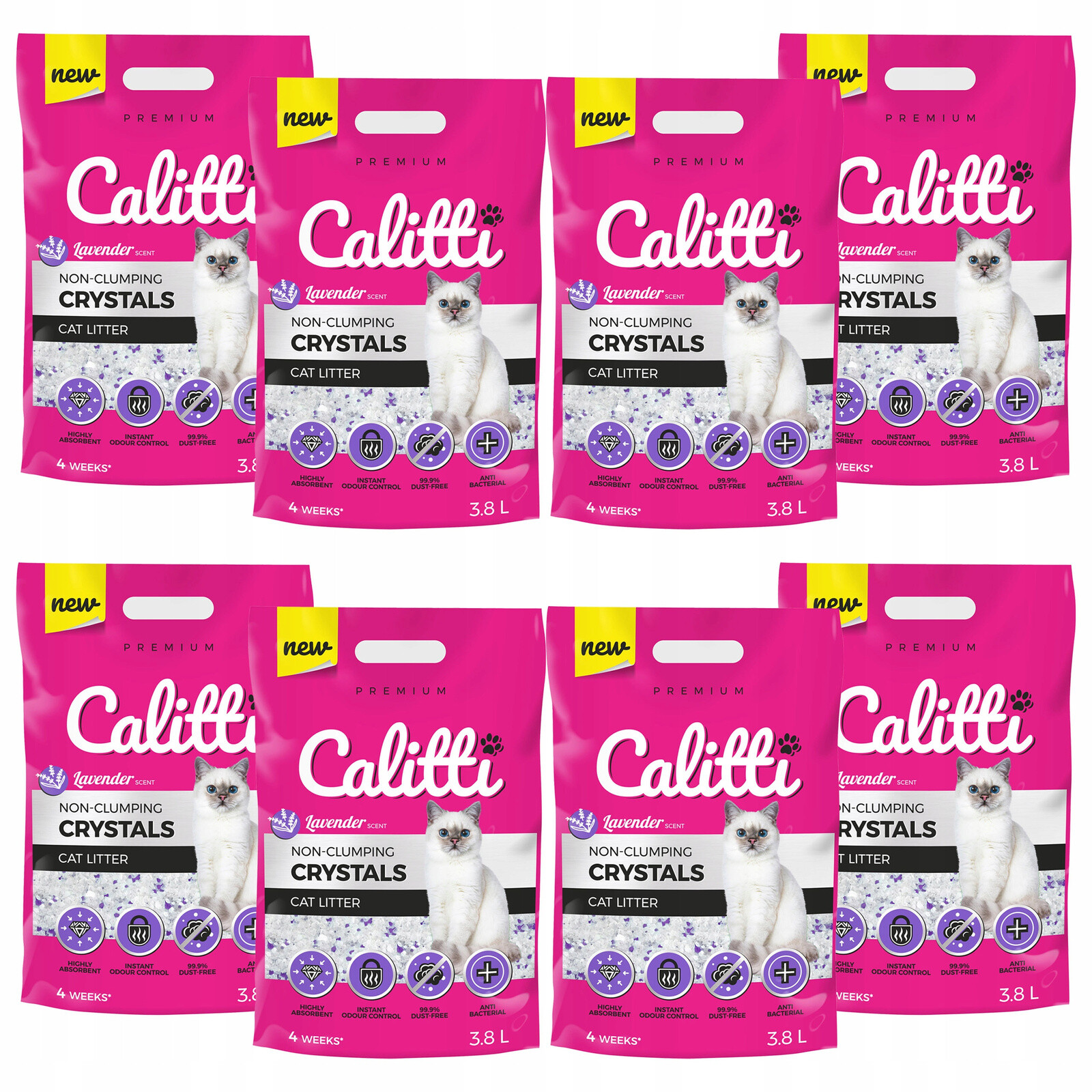 Calitti Crystals Silikonové Stelivo do kočičí toalety pro kočky Levandule 8 x 3,8 l