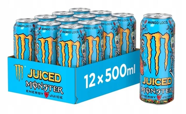 12X Nápoj Monster Mango Loco Energetyk Drs 500 ml Modrý Gazovaný Sladký