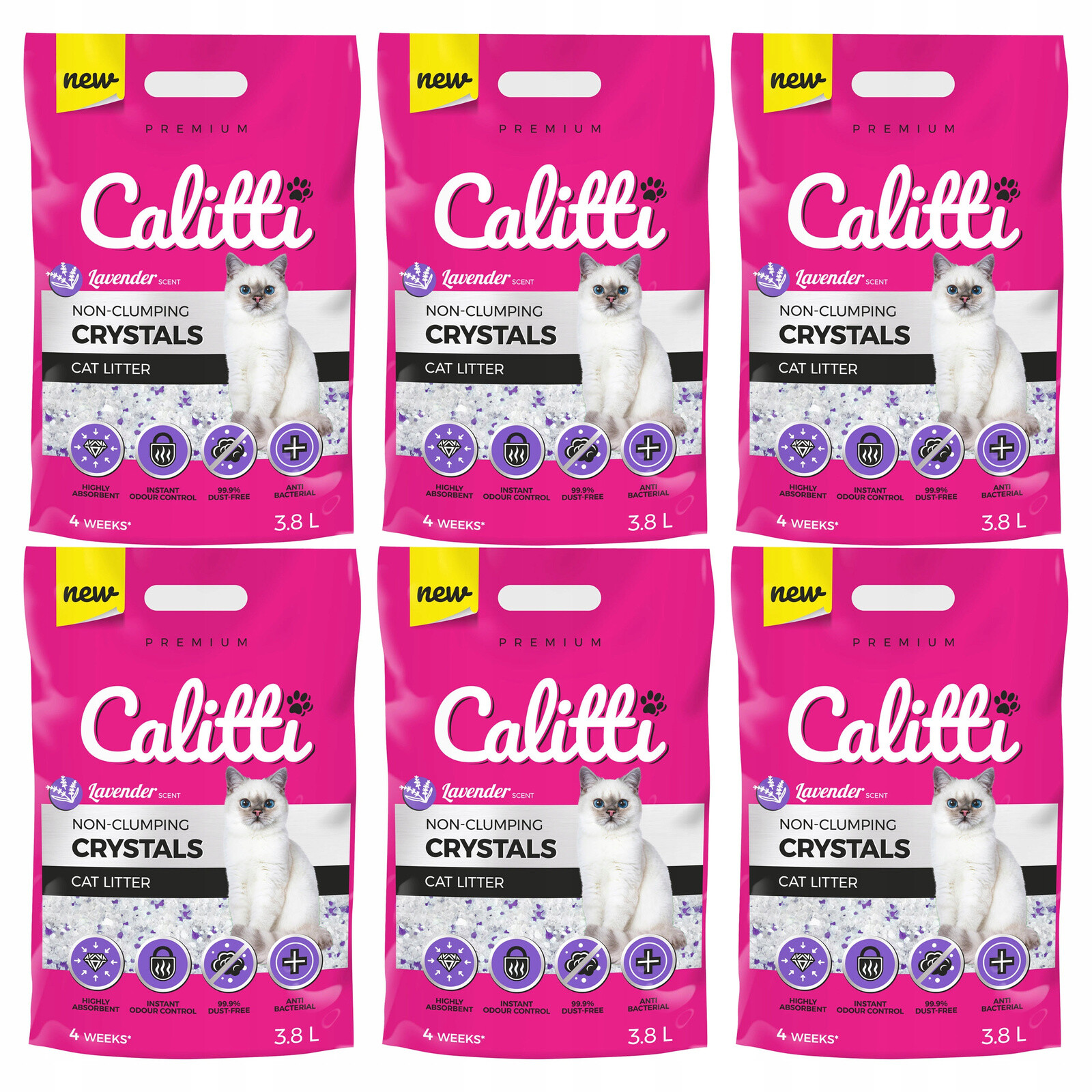 Calitti Crystals Silikonové Stelivo do kočičí toalety pro kočky Levandule 6 x 3,8 l